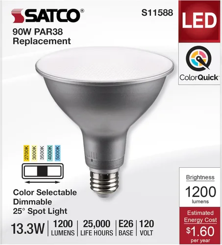 Miniatura 3 de Satco S11588; LED PAR38 de 13.3 vatios; base media; acabado plateado; CCT seleccionable; 120 voltios; ángulo de haz de 25 grados