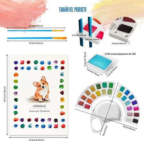 Miniatura 6 de Libro de trabajo de acuarela, libro para colorear al agua con 13 páginas de papel de 300 GSM, juego de pintura de acuarela de 26 colores con pincel