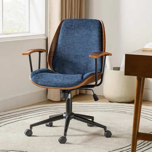 HULALA HOME Silla de oficina de madera maciza con función de balanceo, silla de escritorio de tela cómoda con base de madera curvada y metal, silla
