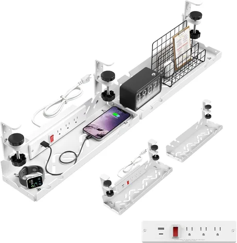 Miniatura 8 de Bandeja extendida de metal para organizar cables debajo del escritorio con toma de corriente, organizador de cables sin taladrar con abrazadera