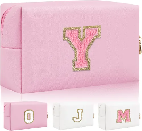 Miniatura 22 de Bolsa de maquillaje con parche de letra inicial personalizada, bolsa de cosméticos de chenilla preppy con letra de chenilla con cremallera, Y