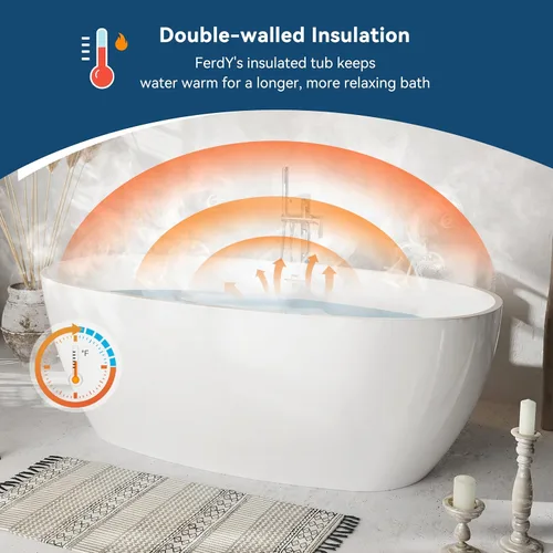 Miniatura 2 de FerdY Tahiti - Bañera independiente de 67" con forma ovalada elegante, bañera aislada de doble pared brillante con color blanco, con centro