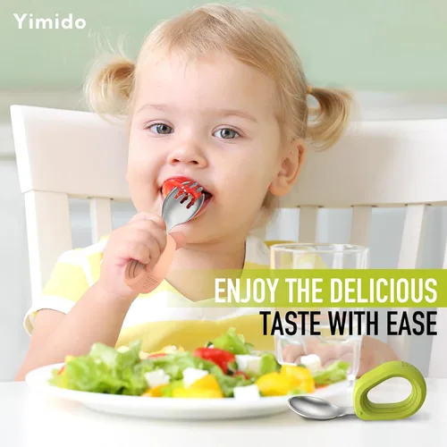 Miniatura 5 de Juego de utensilios para niños pequeños, tenedor y cuchara para bebés con mango de silicona de fácil agarre, cubiertos de acero inoxidable 18/8