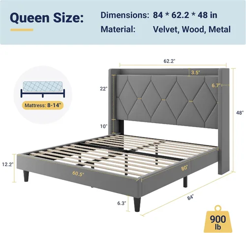 Miniatura 2 de Allewie Base de cama tapizada Velvet Queen con cabecera de almacenamiento con respaldo alado y estación de carga, cama de plataforma con diseño Gris