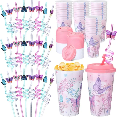 Miniatura 11 de Yungyan 16 juegos de tazas de golosinas con tapas y pajitas para decoraciones de cumpleaños, reutilizables, 16 onzas, vasos de plástico para dulces