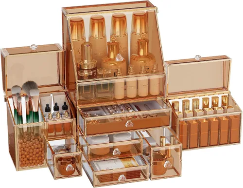 Youdepot Organizador de maquillaje extra grande, almacenamiento de cosméticos de vidrio con cajones, organizador apilable de maquillaje y joyas para