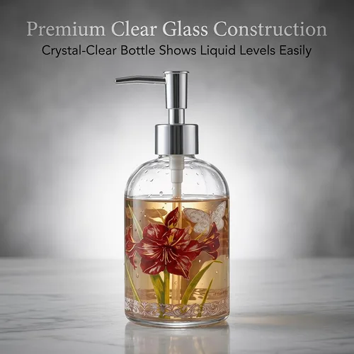 Miniatura 8 de Topadorn Dispensador de jabón de vidrio de 17 onzas con bomba, impresión floral de acuarela Enjoy the Day, botella líquida recargable para cocina