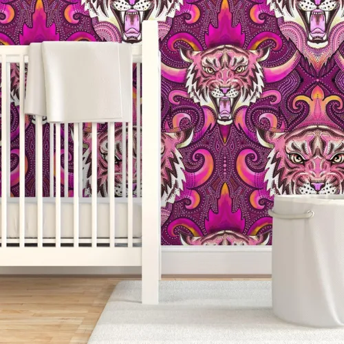 Miniatura 6 de Spoonflower Muestro de papel tapiz extraíble - Pink Tigers Purple Orange Maximalist XL Jungle - Papel pintado prepegado personalizado