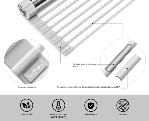 Miniatura 4 de Surpahs Escurridor de platos enrollable de 17.5 x 13.1 pulgadas, se adapta a aberturas de fregadero de hasta 16.5 pulgadas, silicona de alta