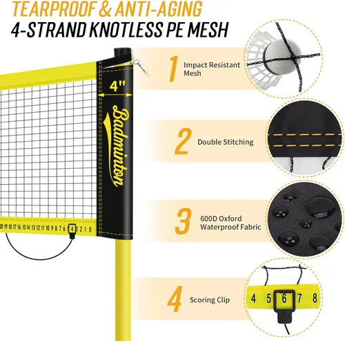 Miniatura 2 de Juego de red de bádminton portátil para exteriores de 20 pies de tamaño reglamentario para patio trasero con postes resistentes, bolsa de transporte