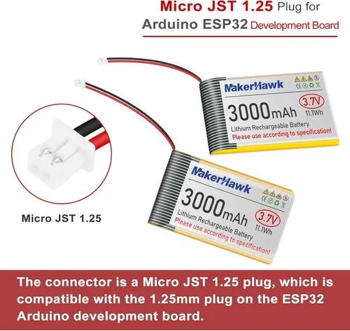 Miniatura 3 de MakerHawk Batería LiPo de 3.7 V 3000 mAh recargable de polímero de litio 1S con placa de protección con cinta de goma aislada, enchufe micro JST
