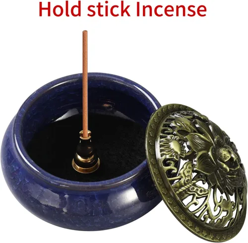 Miniatura 7 de Miupoo Quemador de incienso y soporte de incienso con soporte de palo de incienso de latón, atrapador de cenizas de cerámica (azul oscuro)