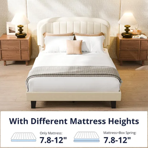 Miniatura 4 de Cozy Castle Base de cama tamaño Full, plataforma tapizada con cabecera curvada ajustable de terciopelo, base de colchón con listones de madera Crema