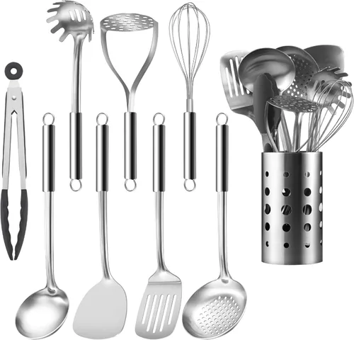 Miniatura 12 de Pleafind 2 piezas Cucharón y cuchara ranurada, cucharón para sopa y cuchara colador, cucharas de cocina y espumaderas de acero inoxidable, Gris