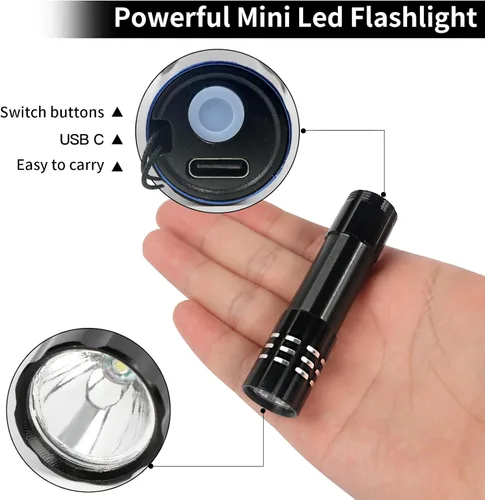 Miniatura 3 de Paquete de 6 linternas LED de aluminio pequeñas mini USB C recargables, linterna pequeña de mano a granel, linterna portátil para acampar brillante