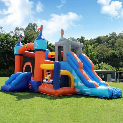 Casa de rebote comercial de 16 pies con soplador, 100% PVC inflable con 2 toboganes, pozo de bolas, túneles, escalada, carrera de obstáculos 6 en 1