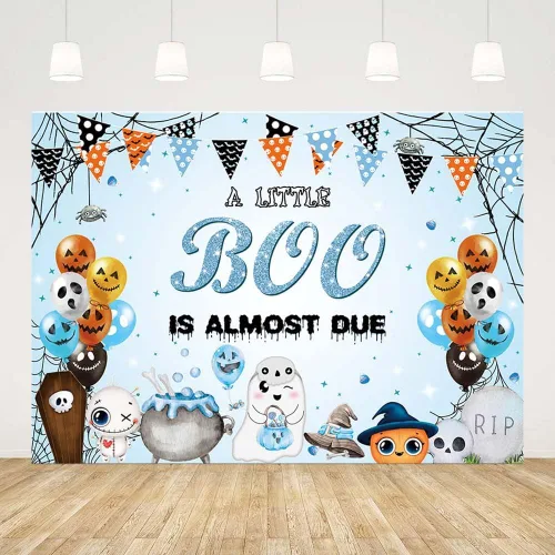 Miniatura 2 de AIBIIN Telón de fondo de Halloween de 7 x 5 pies para baby shower, con texto en inglés "A Little Boo is Almost Due Baby Shower Decoraciones" azul