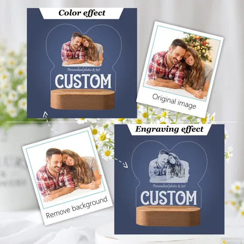 Miniatura 2 de Marco de fotos de corazón personalizado, luz nocturna, lámpara de cristal, texto de imagen personalizada, luz cálida, regalo personalizado
