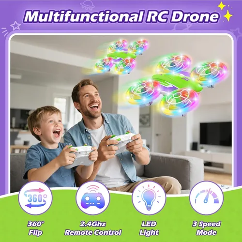 Miniatura 2 de Dron LED RC para niños de 6+, regalo de Navidad y cumpleaños para niños y niñas con baterías del control remoto, giro de 360°, modo de alta Verde