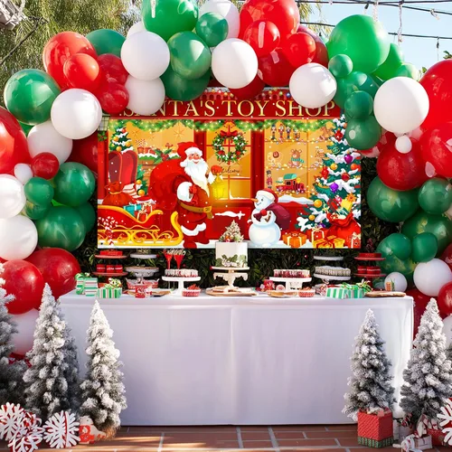 Miniatura 5 de Avezano Telón de fondo de Navidad, pancarta roja de la tienda de juguetes de Santa para fotografía, fondo de tienda de Navidad, decoración