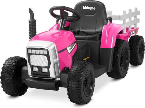 Kidzone - Versión premium de 12 V 7 AH con neumáticos de goma EVA con motores duales de 35 W, tractor eléctrico alimentado con remolque, juguete de