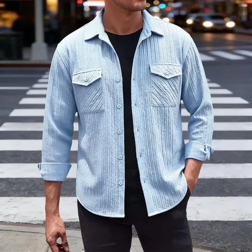 Miniatura 5 de Camisas con botones para hombre, casual, de manga larga, con cuello jacquard, texturizada, ligera, sobrecamisa, sobrecamisa