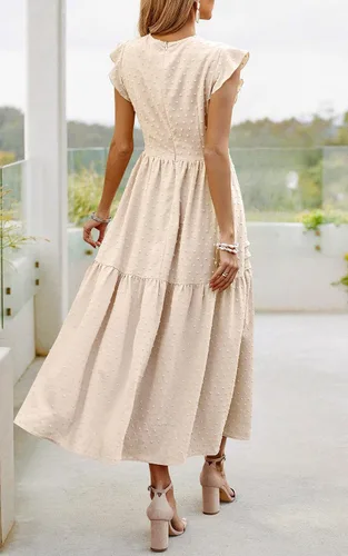 Miniatura 5 de Angashion Vestido largo de verano para mujer, casual, cuello redondo, manga casquillo, lunares suizos, plisado, liso, largo, vestido skater