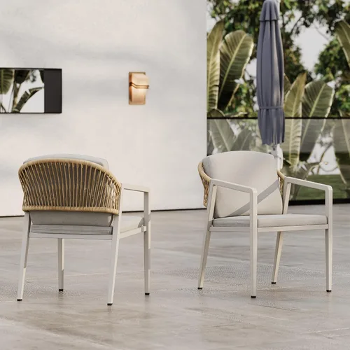 Miniatura 13 de GDFStudio Juego de 2 sillas de comedor de aluminio con cojín beige, asiento moderno para exteriores, interiores, patio trasero, piscina, balcón, 300
