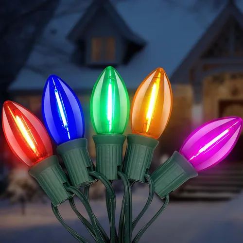 C9 Luces LED de Navidad multicolor, 25 pies de cadena de luces vintage con 26 bombillas LED de cerámica coloridas, conectables para patio, jardín,