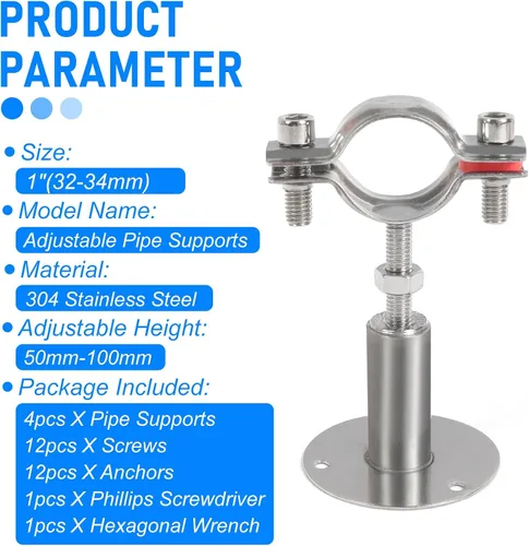 Miniatura 4 de 4 soportes de tubo de montaje en pared de acero inoxidable 304, adecuados para tubos OD de 1 pulgada (1.260-1.339 in), altura ajustable