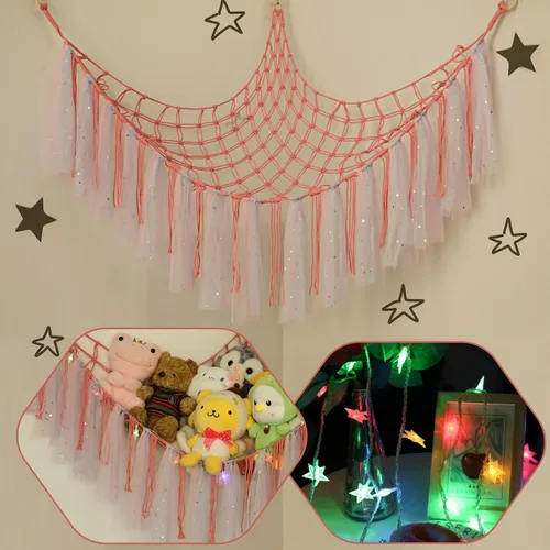 Miniatura 7 de Hamaca de animales de peluche con luces LED, red grande de almacenamiento de juguetes de 59 pulgadas para dormitorio de niños, organizador de felpa
