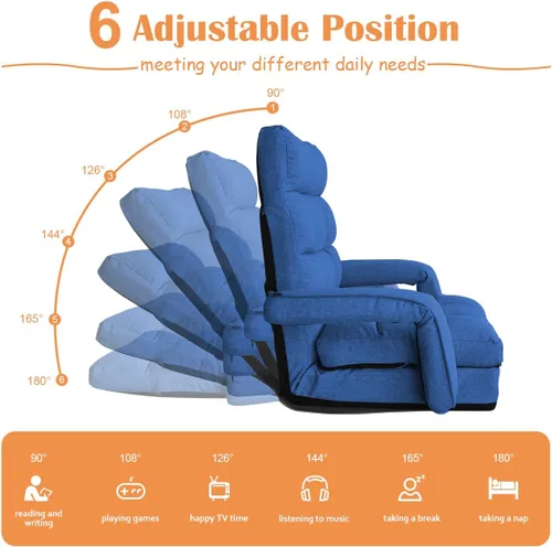 Miniatura 3 de Silla de juegos de suelo, 6 posiciones ajustables, tumbona, para adolescentes y adultos, silla plegable acolchada de meditación con reposabrazos