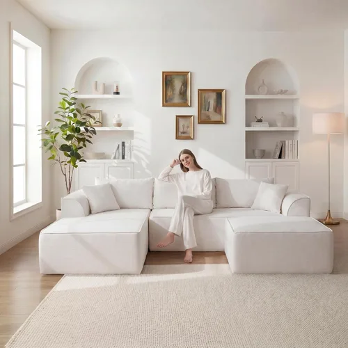 Miniatura 8 de Vesgantti 106" Boneless Couch with Chaise, U Shaped Deep Seat Comfy Cloud Modular Sofa Chenille Memory Foam Sectional Couches for Living Room