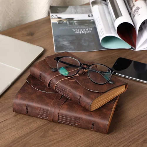 Miniatura 4 de Diario encuadernado en cuero para hombres y mujeres, cuaderno de escritura grande rústico vintage hecho a mano con 240 páginas forradas de papel