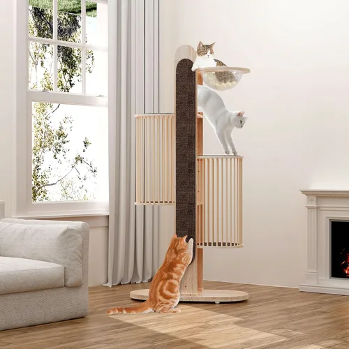 Miniatura 8 de Moderna torre de árbol para gatos de interior, torre para gatos de madera maciza de 67 pulgadas de alto con postes rascadores, casa de lujo natural