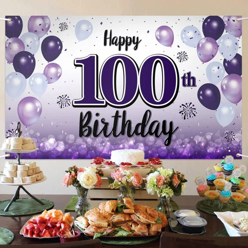 Miniatura 3 de Decoraciones de feliz cumpleaños número 100, cartel de fondo grande de globos morados de 100 años, suministros para fiesta de cumpleaños de 100 años.