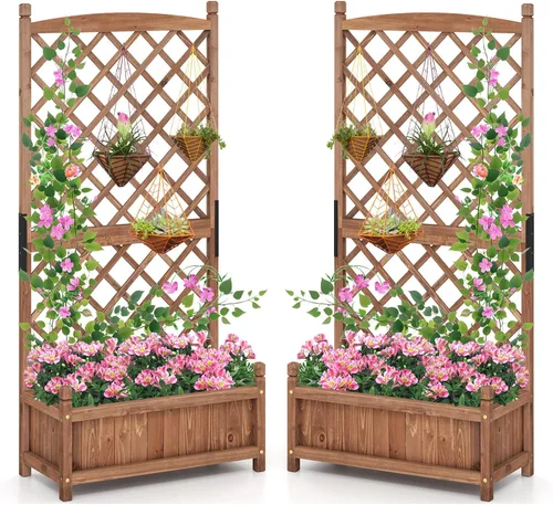 Miniatura 24 de Giantex Cama de jardín elevada con enrejado, contenedor de madera de 60 pulgadas con agujeros de drenaje, enrejado alto para colgar macetas