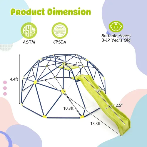 Miniatura 6 de Costzon Cúpula de escalada para niños con tobogán ondulado extendido, barra de monos para gimnasio de la selva para niños de 13.3 pies