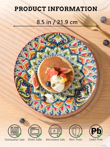 Miniatura 2 de Henten Home Juego de 6 platos de postre de cerámica, platos de ensalada de porcelana de 8.5 pulgadas, coloridos platos de estilo bohemio