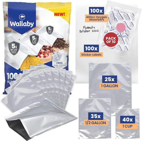Miniatura 10 de Wallaby 30 bolsas de Mylar de 1 galón con absorbentes de oxígeno de 400 cc, bolsas de almacenamiento de alimentos a largo plazo de 10 mil de grosor