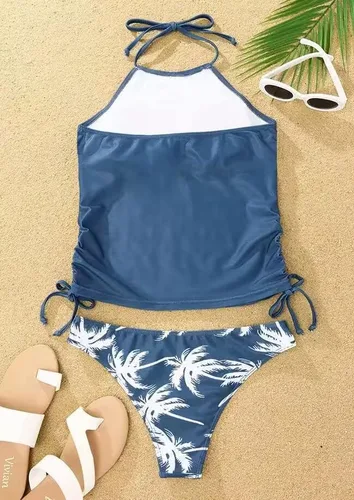 Miniatura 4 de Conjunto de tankini de dos piezas para mujer, conjunto de tankini con cuello halter de árbol de coco