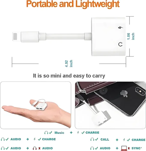 Miniatura 6 de [Certificado MFi de Apple] Paquete de 3 adaptadores de auriculares para iPhone, 2 en 1 Lightning a Dual Lightning Aux Dongle Cable Dongle