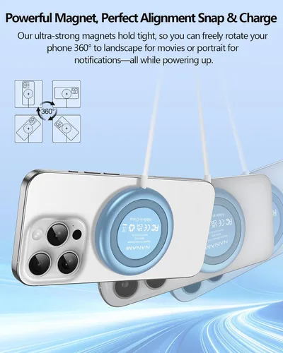 Miniatura 3 de NANAMI Cargador inalámbrico magnético con adaptador PD de 20 W, para MagSafe iPhone 17/16/15/14/13/12 Series y AirPods 3/2/Pro/Pro 2, base Azul