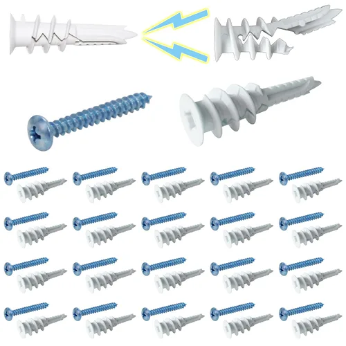 Kit de anclajes de yeso autoperforantes de plástico Ansoon #8 con tornillos, 20 anclajes de pared autorroscantes de nylon + 20 tornillos #8 x 1-1/4