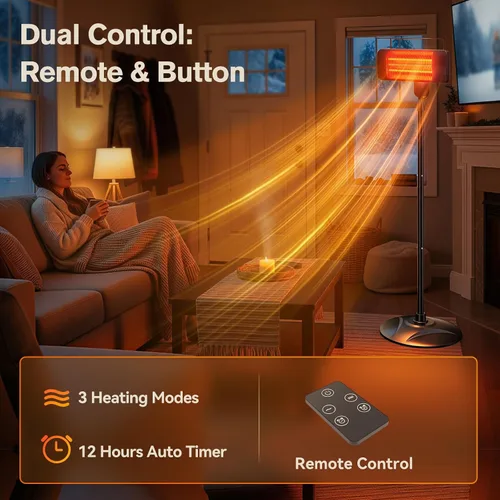 Miniatura 4 de Calentadores al aire libre para patio, 1500 W, 3 modos de calor y temporizador de 12H, calentador eléctrico impermeable IP54 con altura ajustable