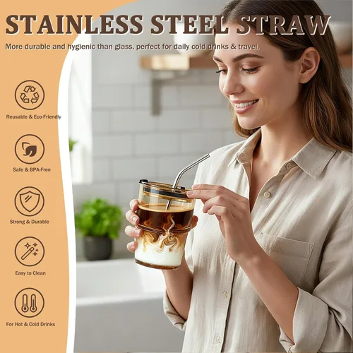 Miniatura 4 de Paquete de 2 vasos de vidrio con tapa y pajita de 13 onzas, lindo juego de tazas de café helado a granel, batido, jugo, matcha, té, capuchino, agua