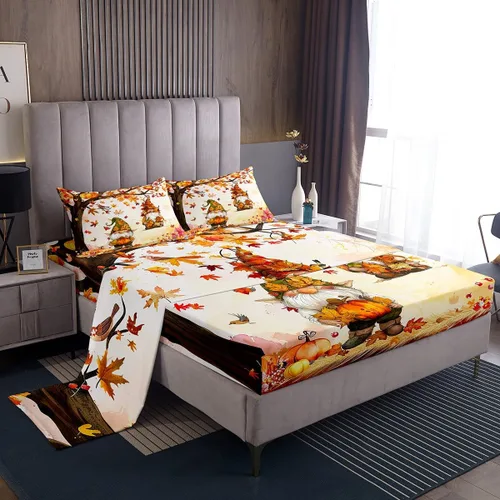 Miniatura 8 de Manfei Juego de sábanas de calabaza de otoño, tamaño individual, juego de ropa de cama floral de hojas verdes para niños y niñas, decoración