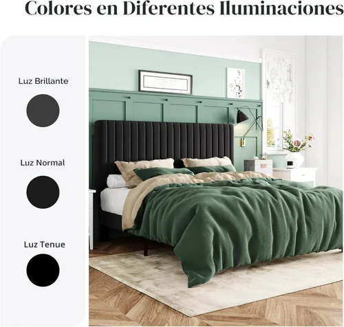 Miniatura 8 de Allewie Base de cama tamaño Queen, plataforma tapizada de terciopelo con cabecera capitonada de canal vertical, base de colchón con listones de Negro