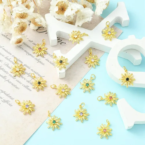 Miniatura 5 de Ipotkitt - 20 piezas de dijes de cobre con circonita cúbica micropavé en forma de flor con anillo de salto, dijes con forma de planta y flor