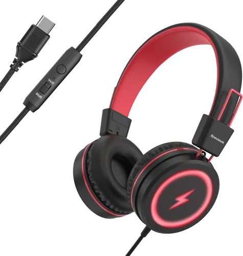 Miniatura 10 de Bywulanda Auriculares para niños con luces LED para la escuela, auriculares USB tipo C para niños con micrófono, limitador de volumen 85/94 dB